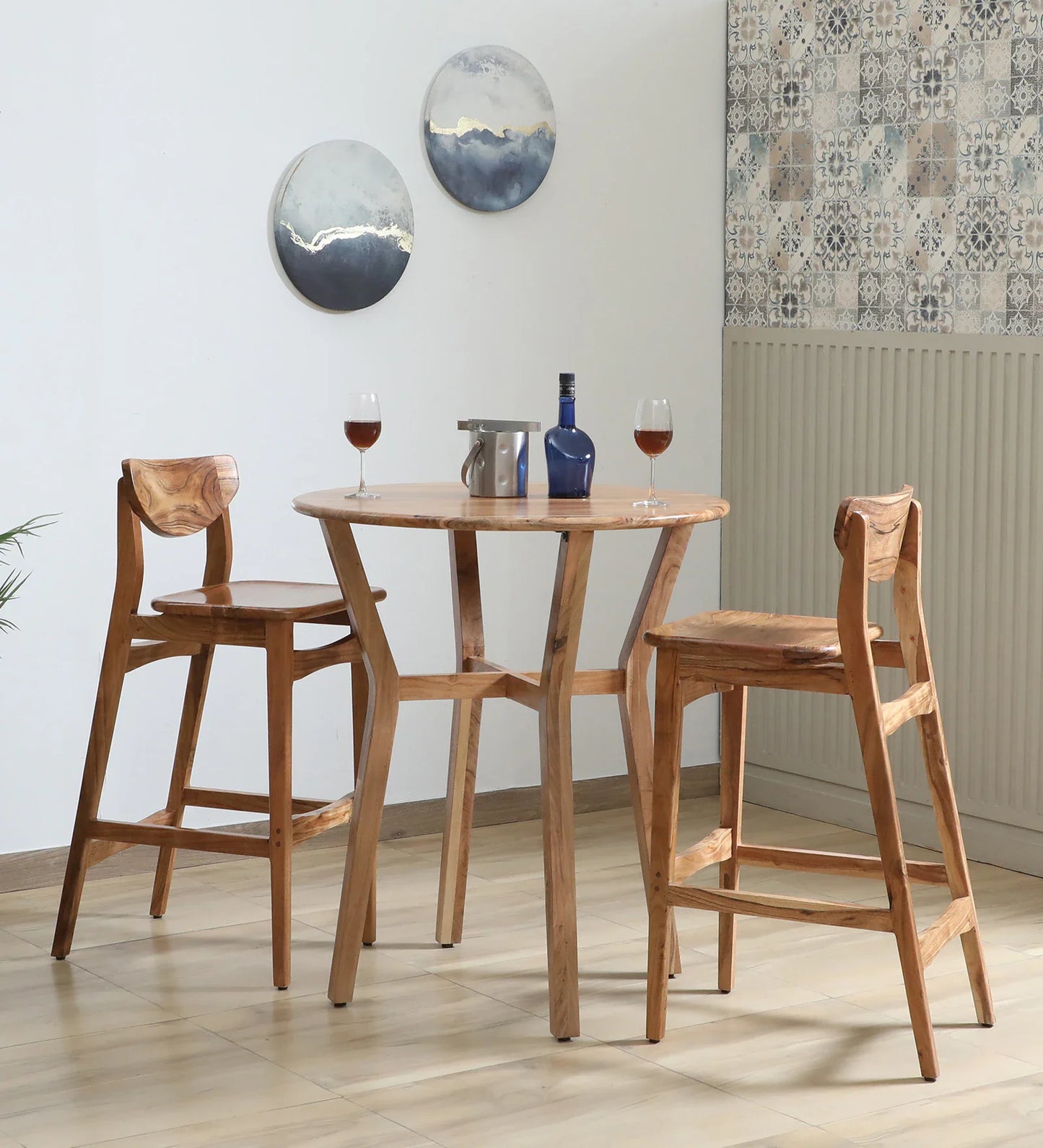 Wood 2 Seater Bar Table Set In Natural Finish