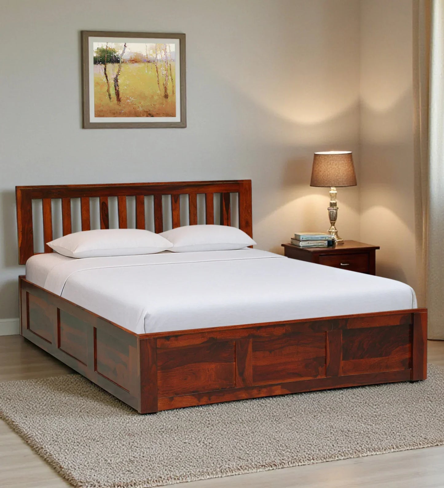 Sheesham Wood Queen Size Bed In Honey Oak Finish With Box Storage