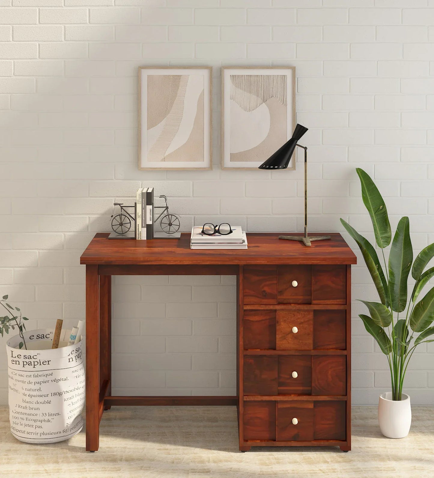 Sheesham Wood Writing Table In Scratch Resistant Honey Oak Finish With Drawers