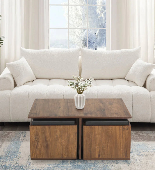 Nesting Coffee Table With 4 Stools In Classic Walnut Finish