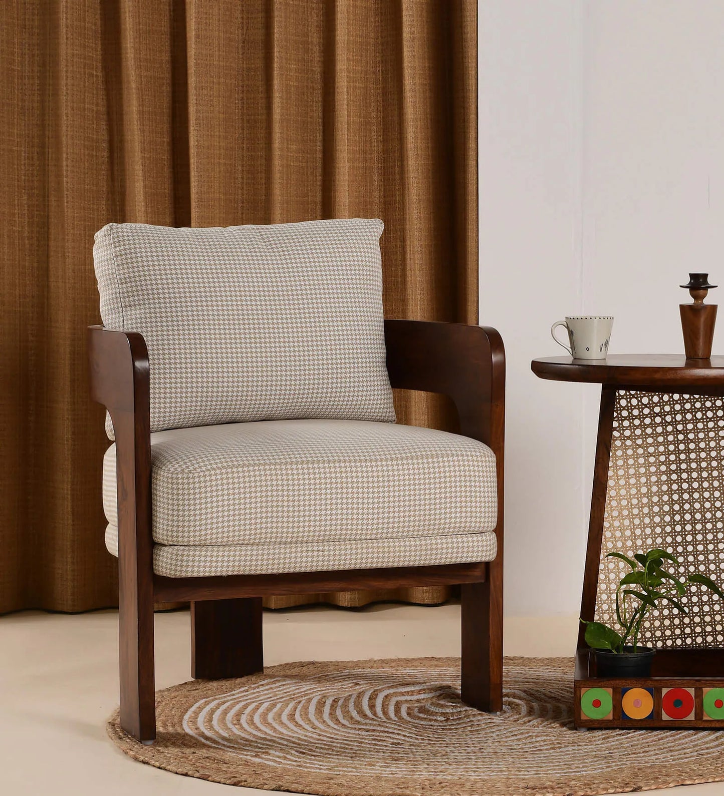 Aloa Fabric Arm Chair In Teak Finish