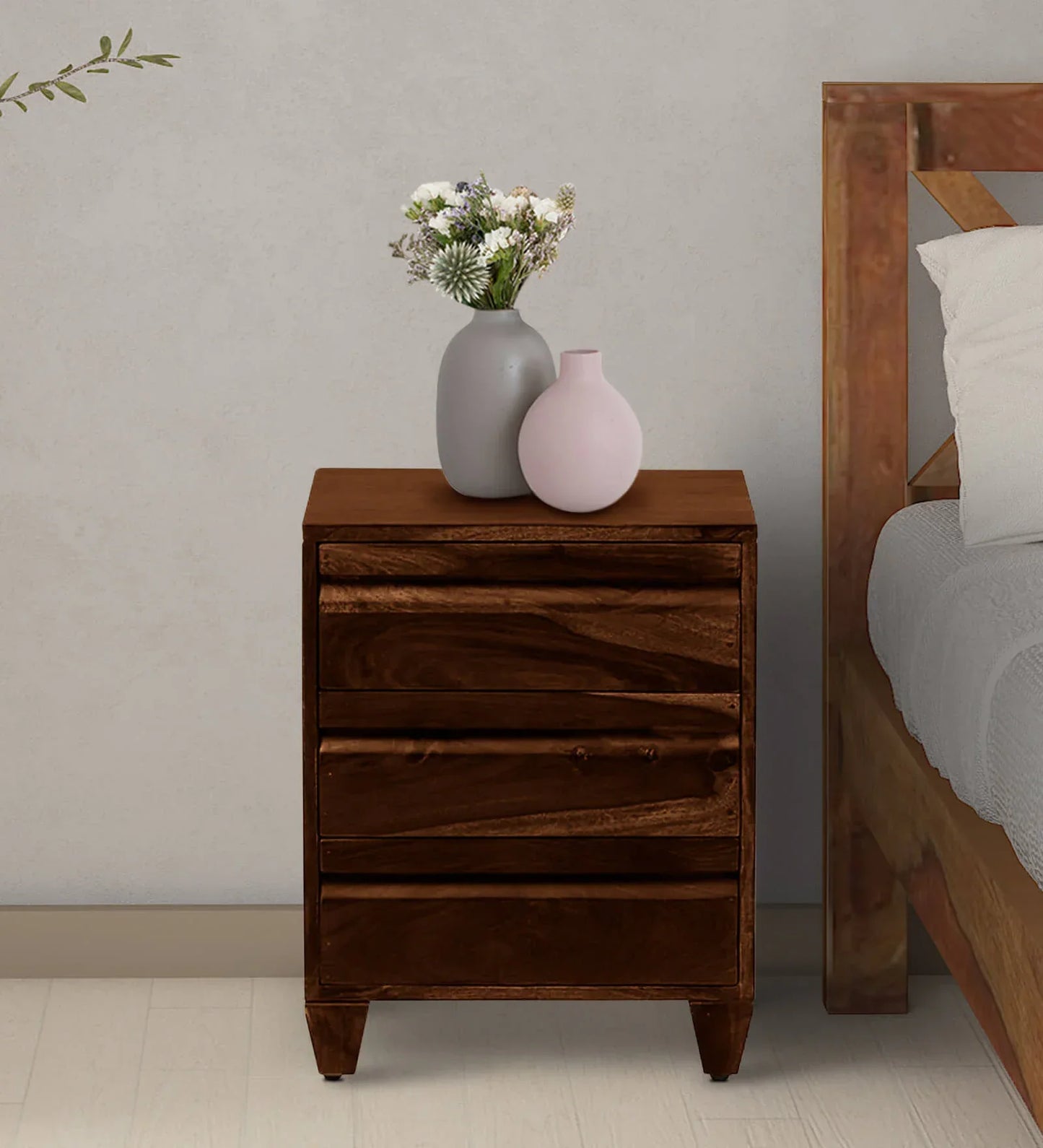 Sheesham Wood Bedside Table In Scratch Resistant Provincial Teak Finish With Drawers