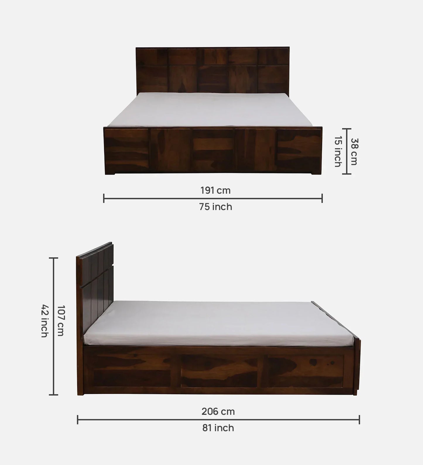 Sheesham Wood King Size Bed In Provincial Teak Finish With Hydraulic Storage