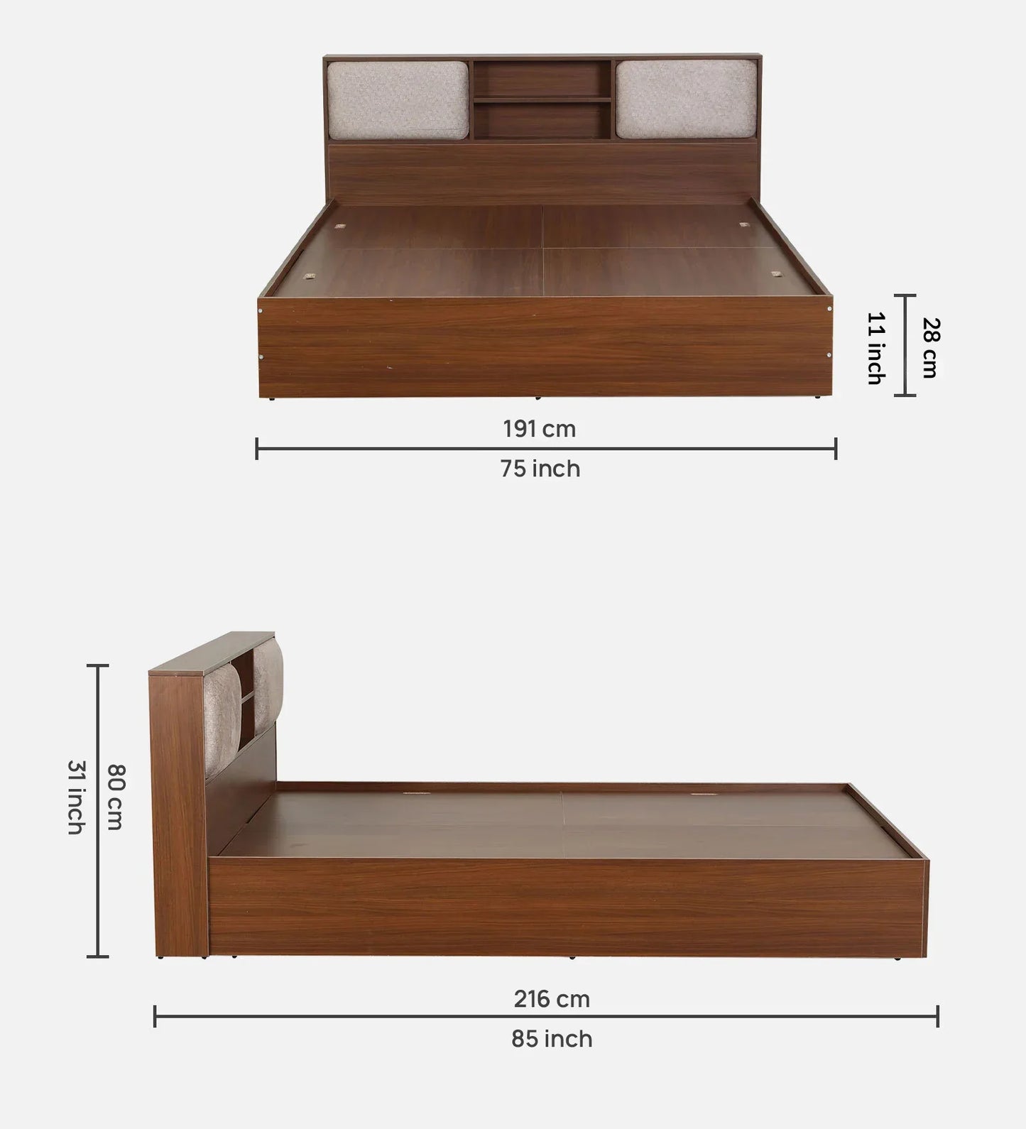 King size Bed in Planked Walnut Finish with Box Storage & Upholstered Headboard Storage