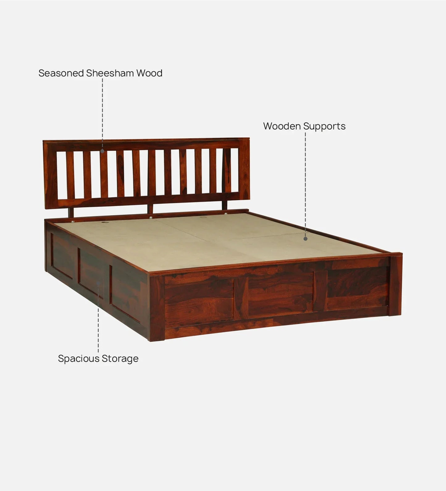 Sheesham Wood Queen Size Bed In Honey Oak Finish With Box Storage