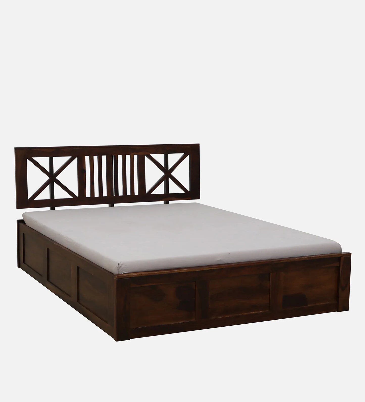 Sheesham Wood Queen Size Bed In Provincial Teak Finish With Headboard & Hydraulic Storage