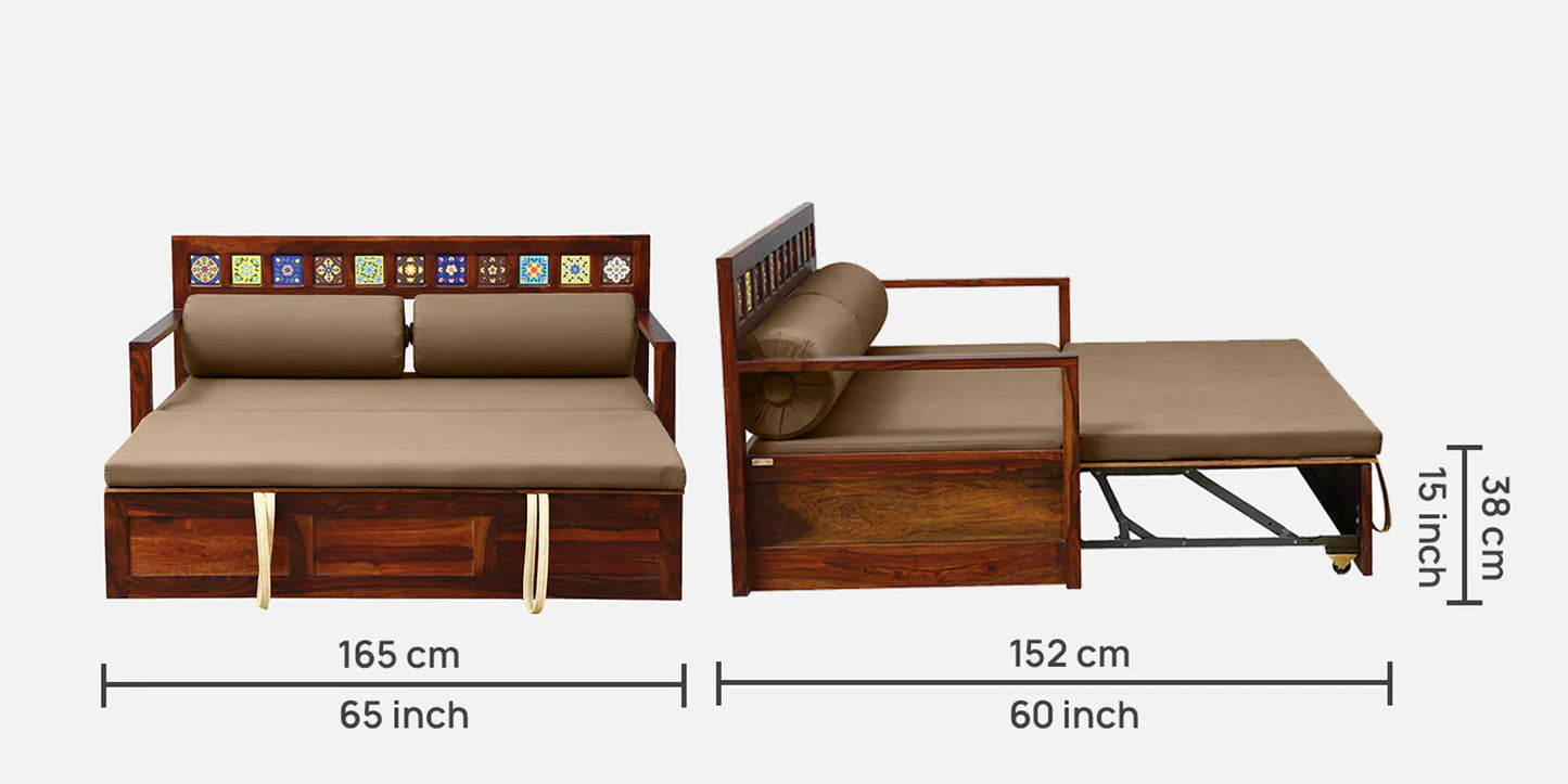 Sheesham Wood Pull Out Sofa Cum Bed In Honey Oak Finish