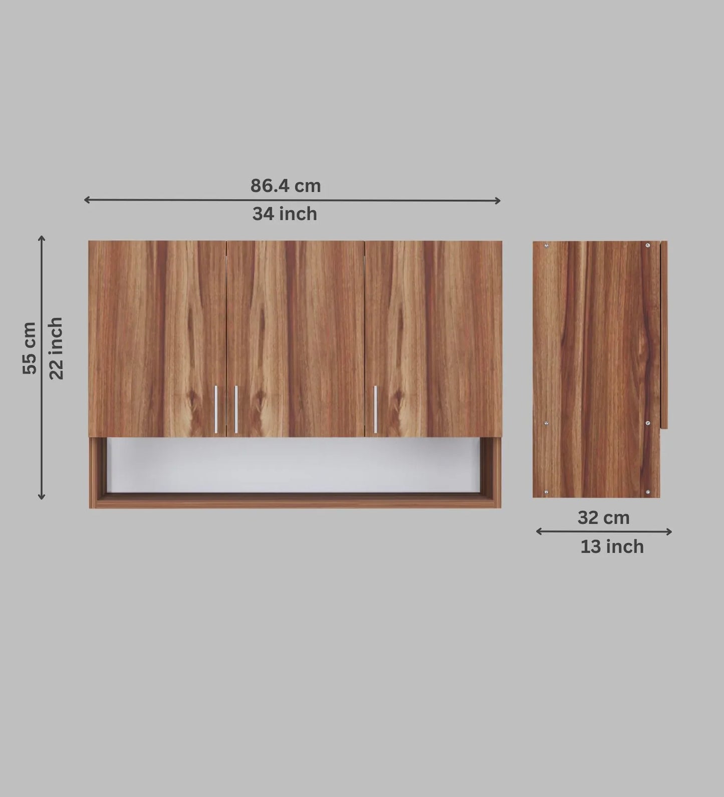 3 Doors Modular Wall Mounted Kitchen Cabinet with Organizer Shelf in Aisan Walnut Finish