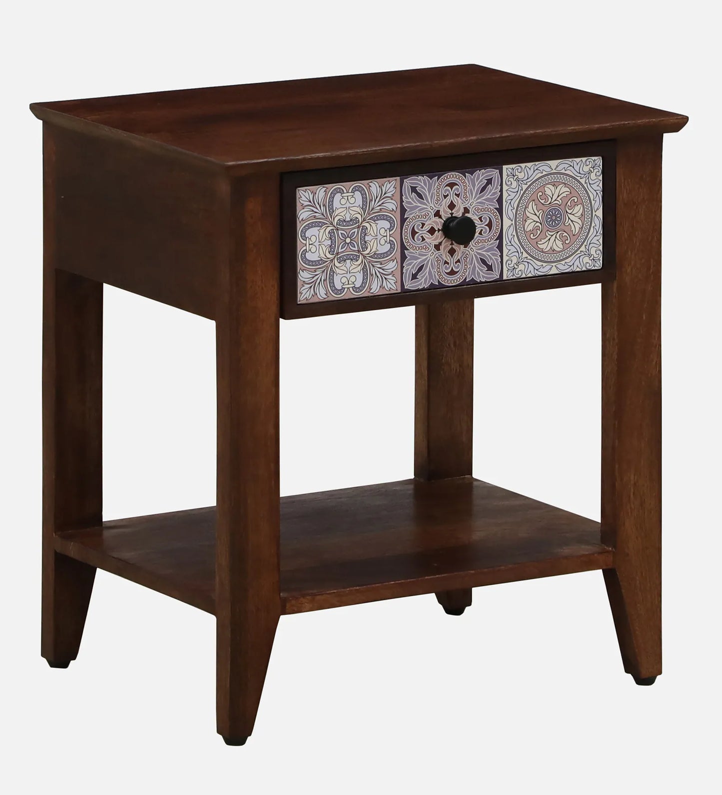 Zellige Solid Wood End Table In Tubbaq Finish With Drawer