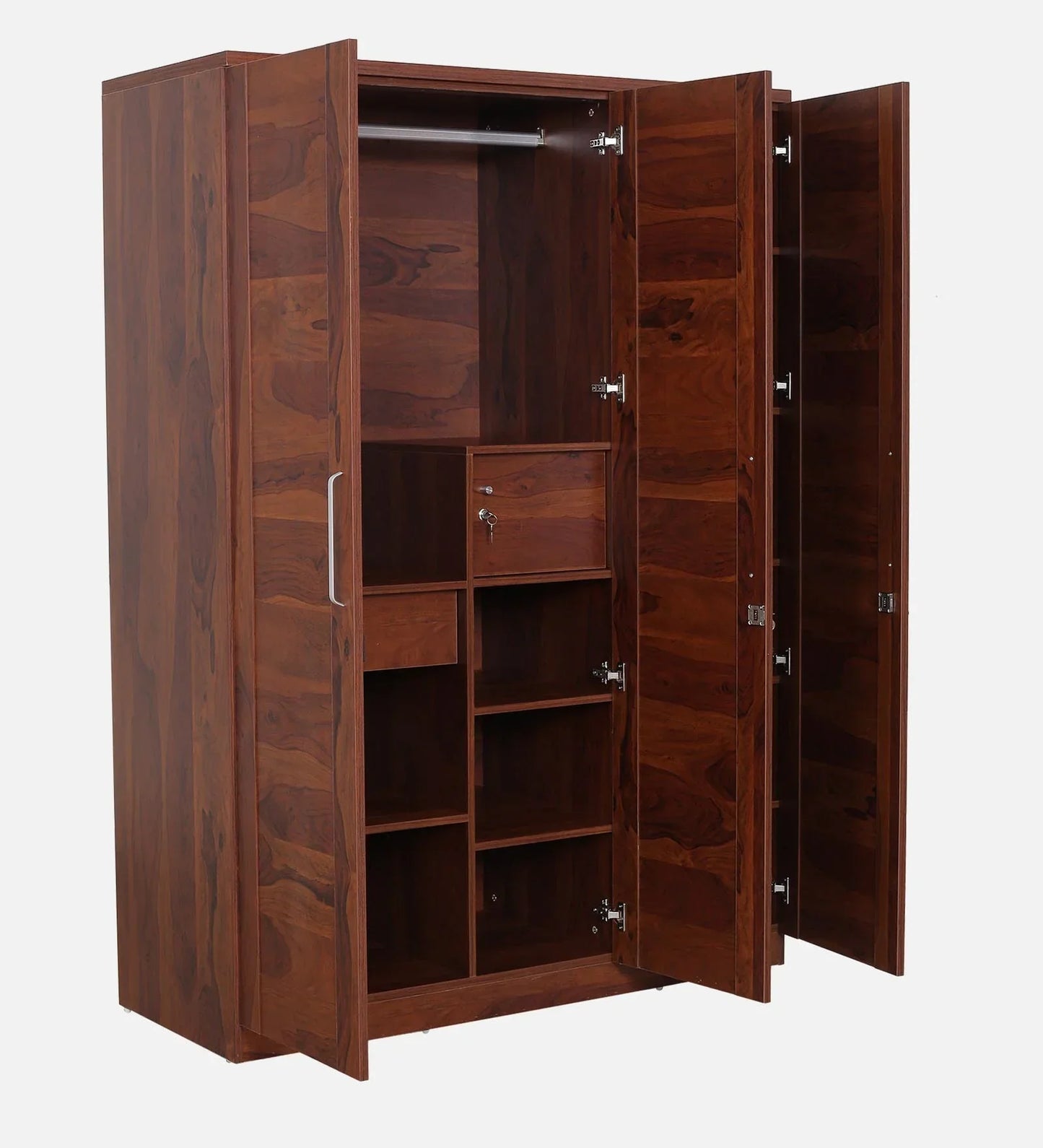 3 Door Wardrobe in Sheesham Woodpore Finish With Drawer & Locker
