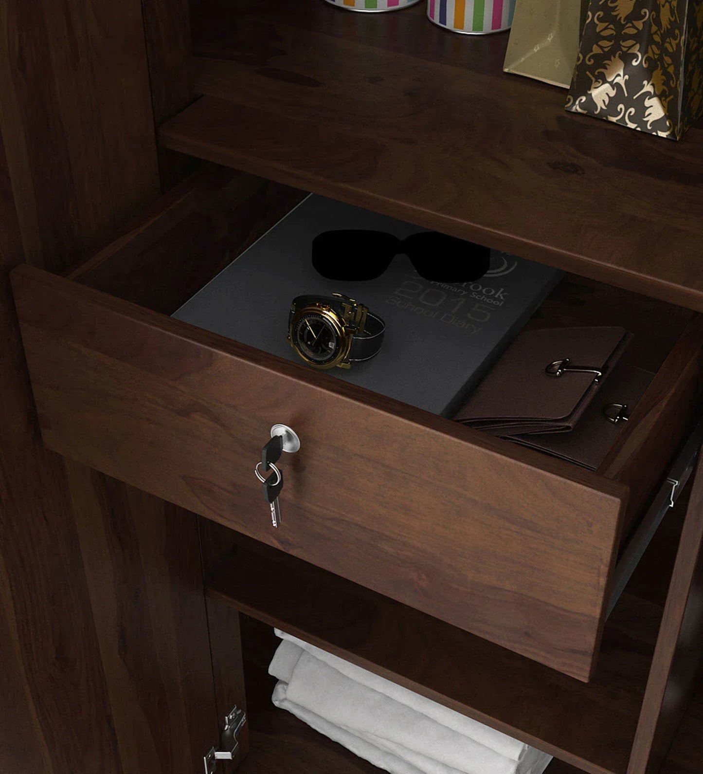 3 Door Wardrobe in Sheesham Finish with Drawer & Locker