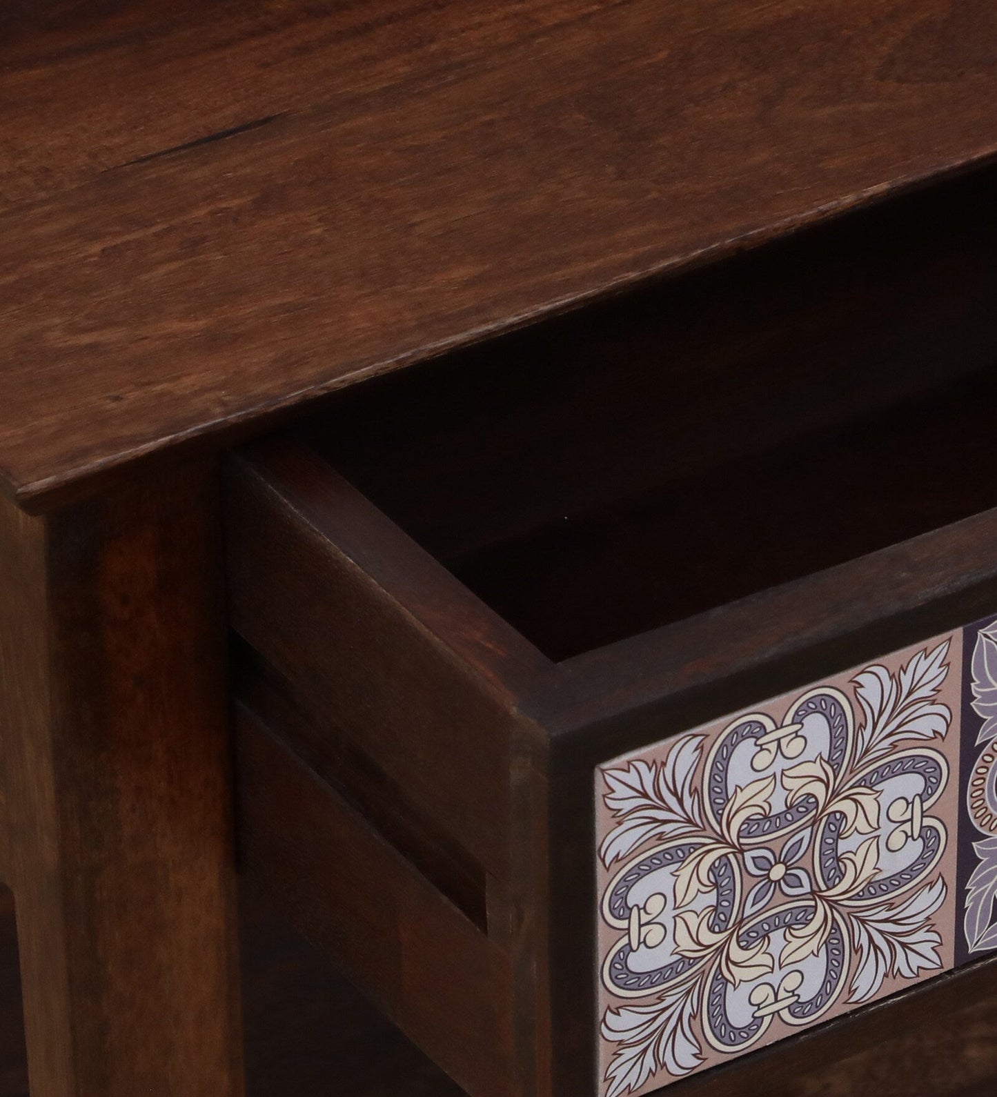 Zellige Solid Wood End Table In Tubbaq Finish With Drawer