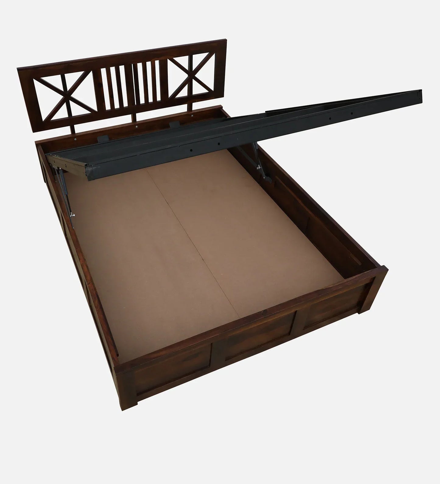 Sheesham Wood Queen Size Bed In Provincial Teak Finish With Headboard & Hydraulic Storage