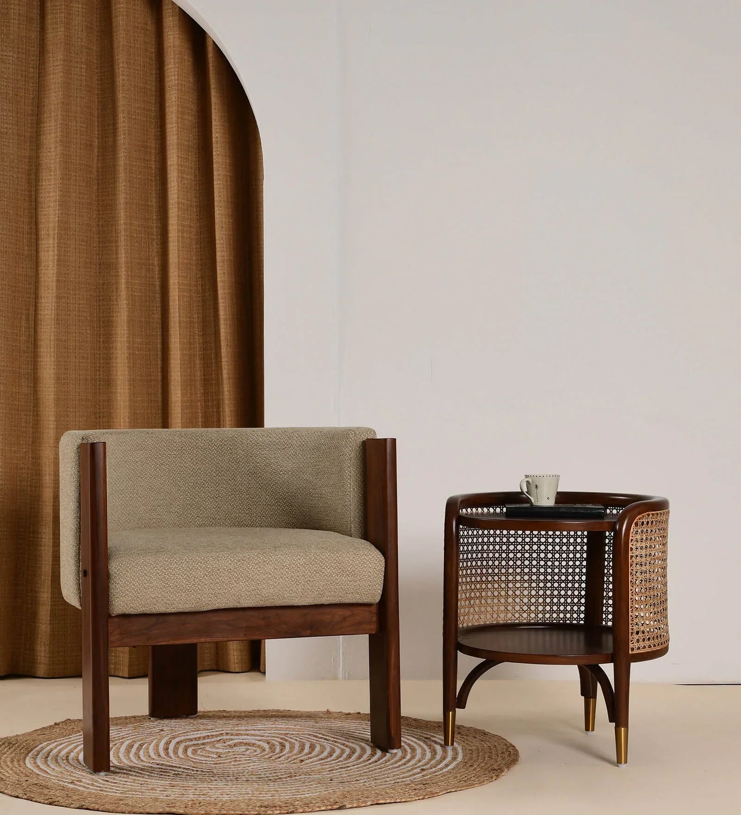 Monolo Fabric Arm Chair In Teak Finish