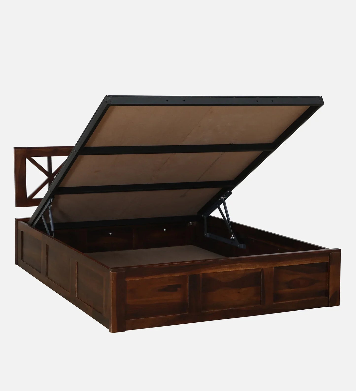 Sheesham Wood Queen Size Bed In Provincial Teak Finish With Headboard & Hydraulic Storage