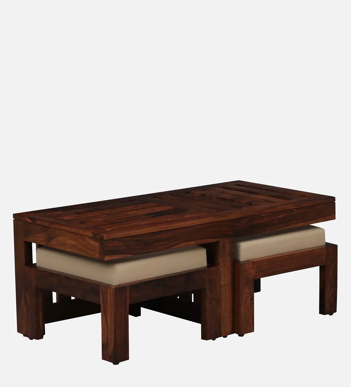 Solid Wood Nesting Coffee Table Set in Honey Oak Finish With Cushioned Stools