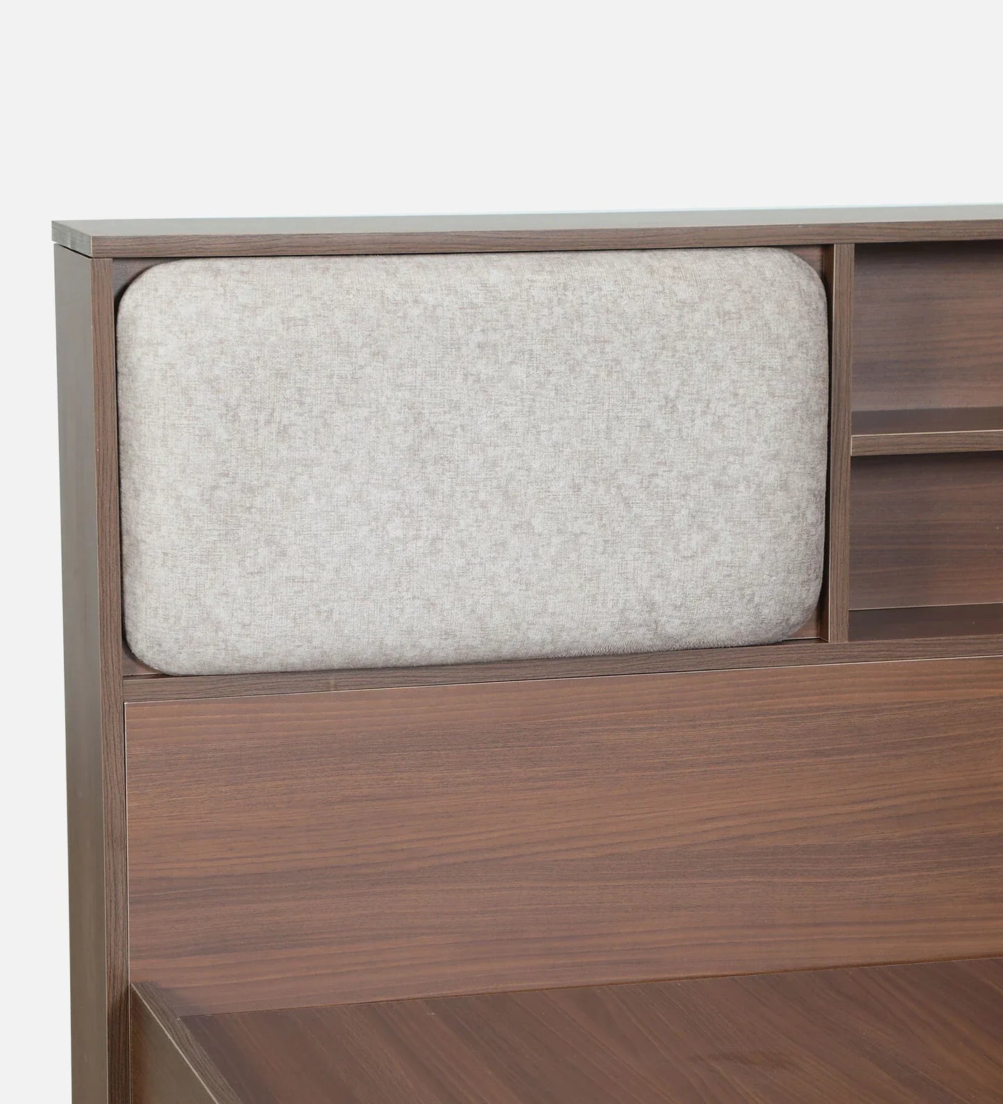 King size Bed in Planked Walnut Finish with Box Storage & Upholstered Headboard Storage
