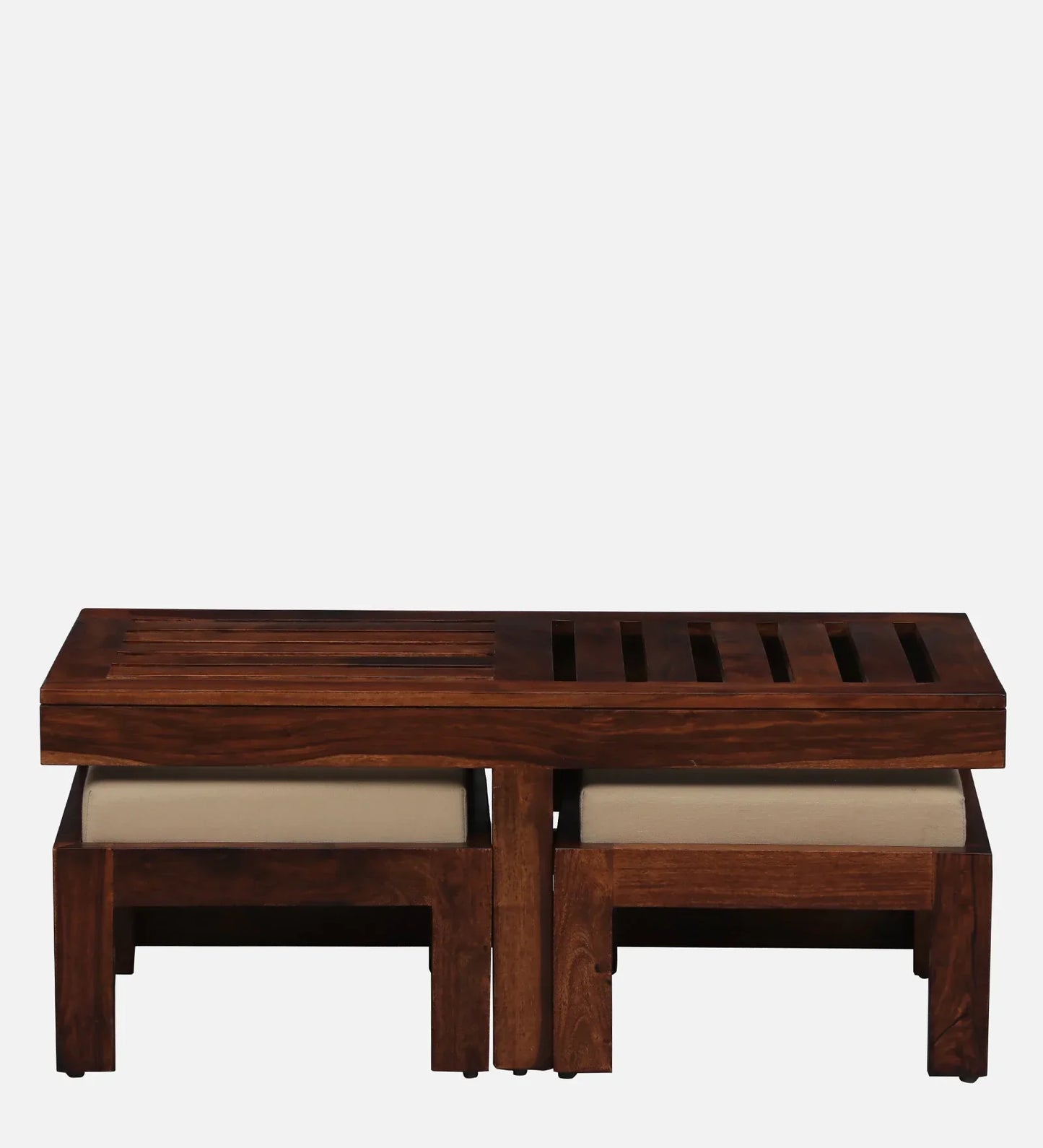 Solid Wood Nesting Coffee Table Set in Honey Oak Finish With Cushioned Stools