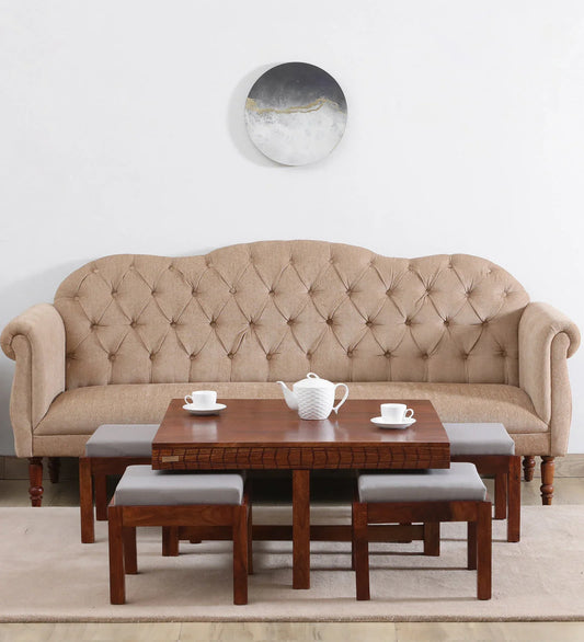 Sheesham Wood Nesting Coffee Table Set in Scratch Resistant Honey Oak Finish With Cushioned Stools