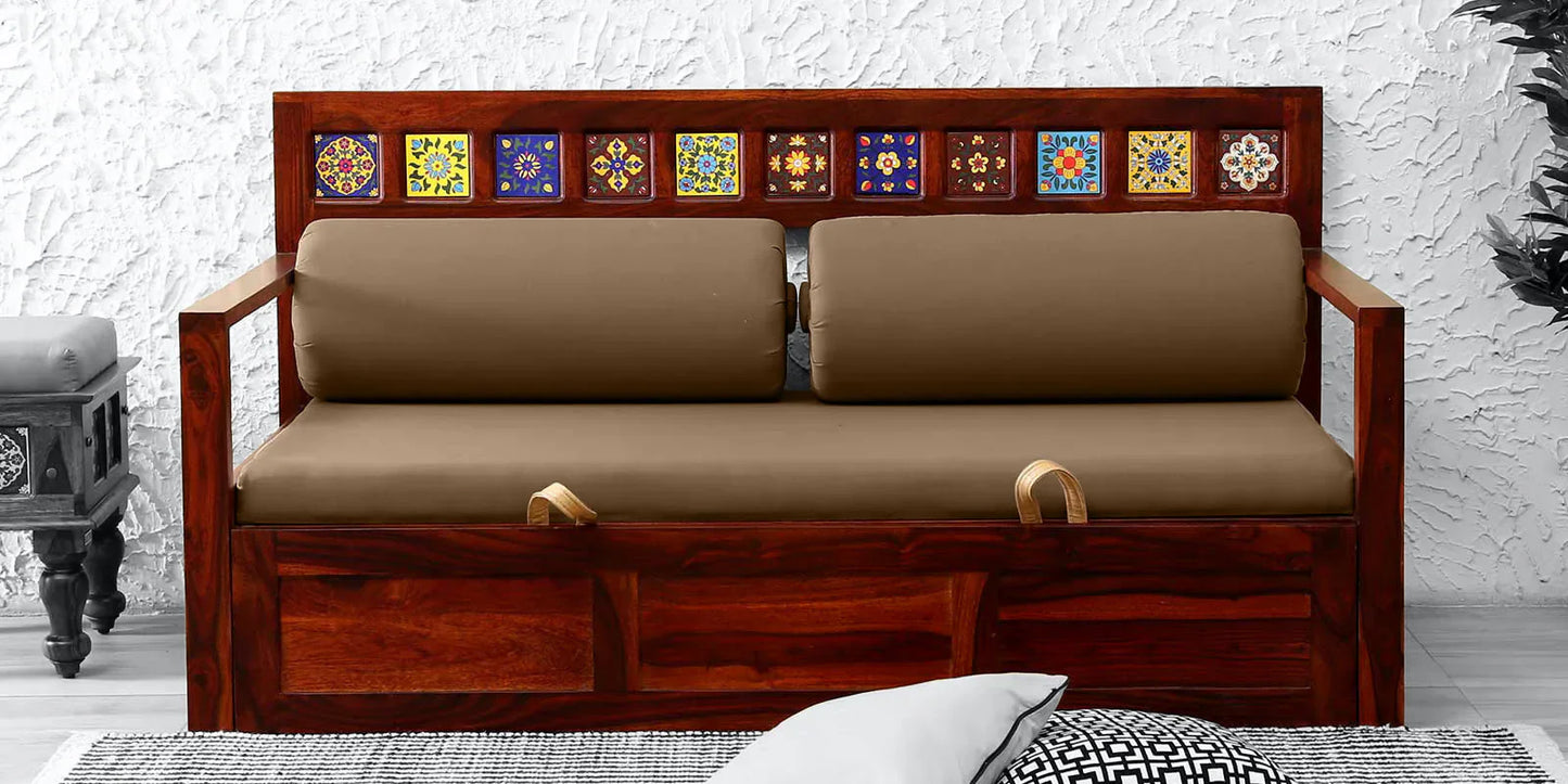 Sheesham Wood Pull Out Sofa Cum Bed In Honey Oak Finish