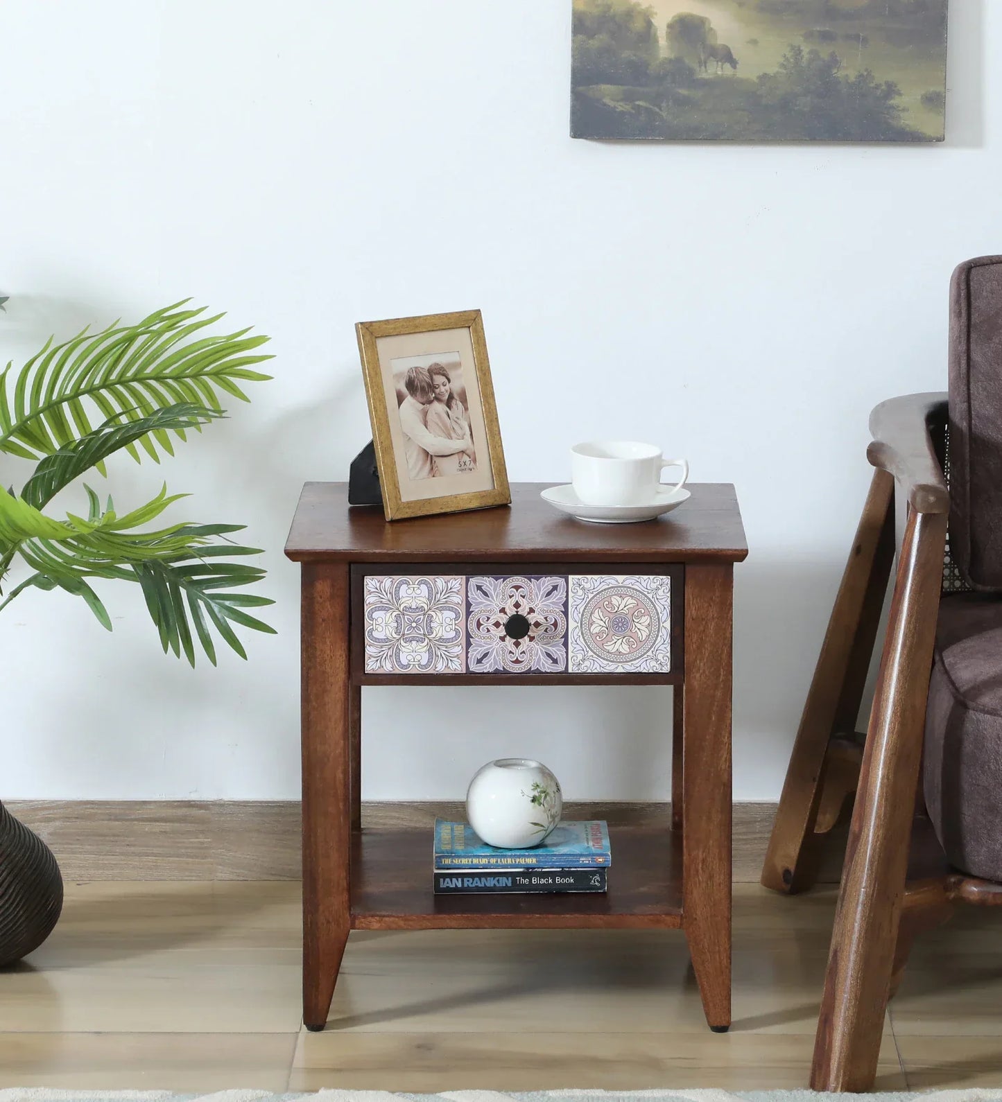 Zellige Solid Wood End Table In Tubbaq Finish With Drawer