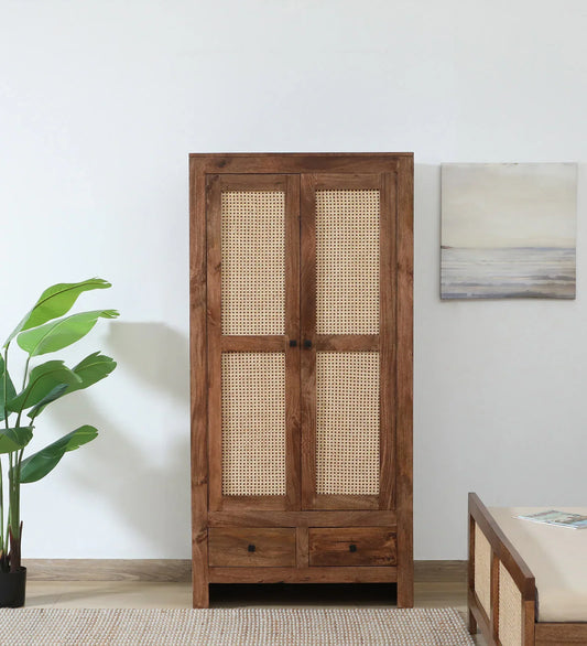 Mango Wood 2 Door Wardrobe In Rustic Teak Finish With Drawer