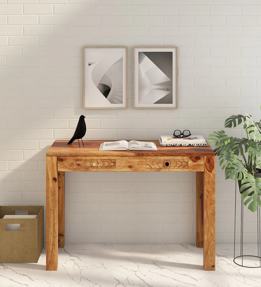 Sheesham Wood Writing Table in Scratch Resistant Rustic Teak Finish With Drawers