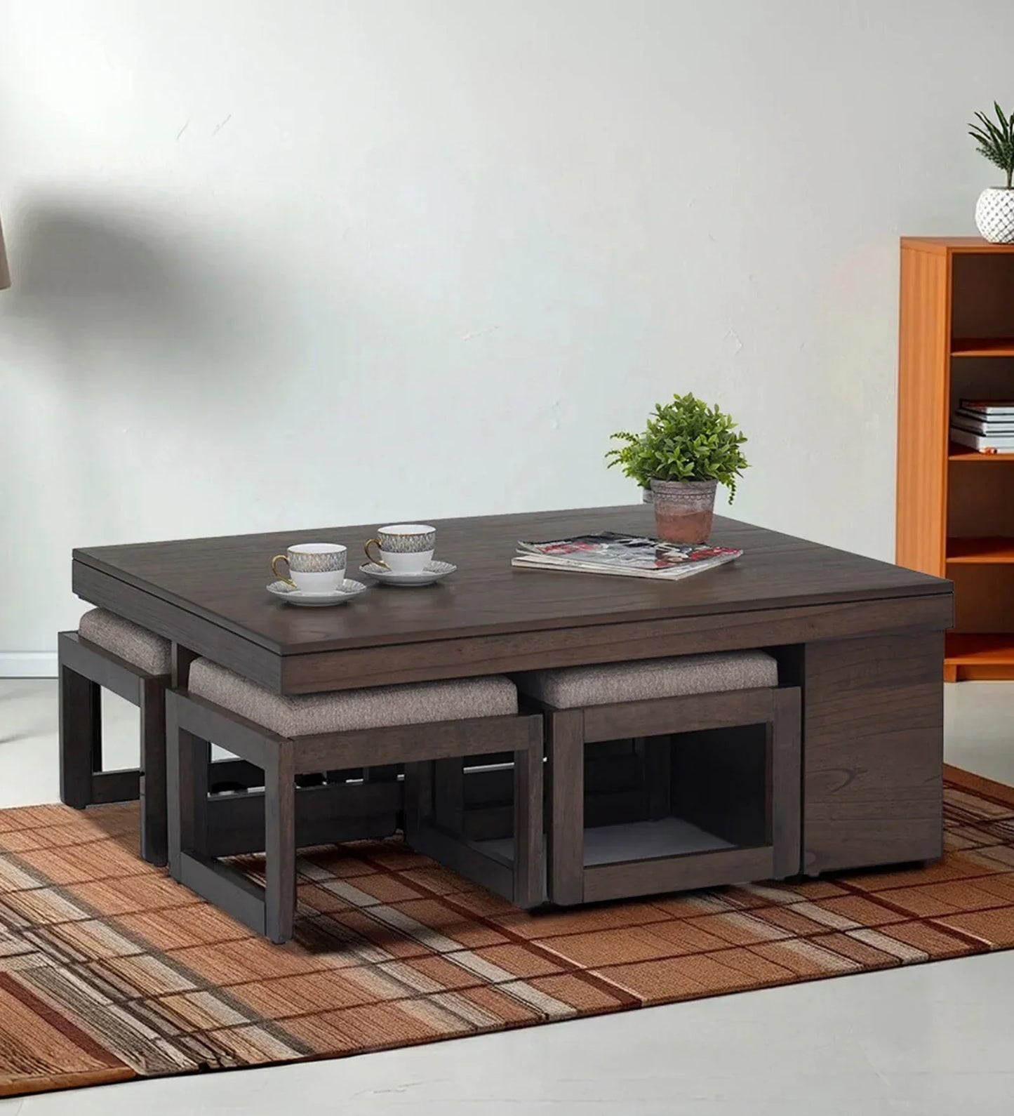 Coffee Table Set with 4 Stool in Brown Colour