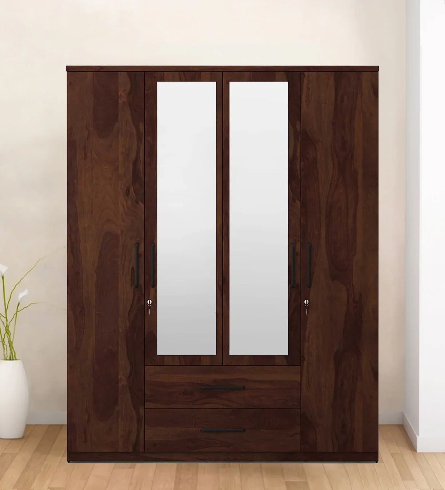 4 Door Wardrobe With Mirror In Sheesham Woodpore Finish With Locker & Drawer