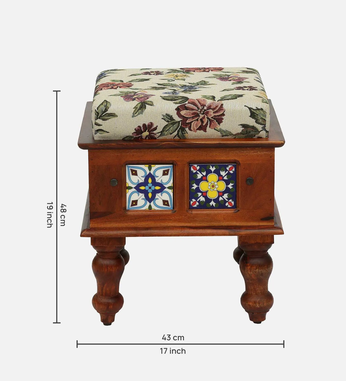 Sheesham Wood Seating Stool In Honey Oak Finish With Multicolor Cushion
