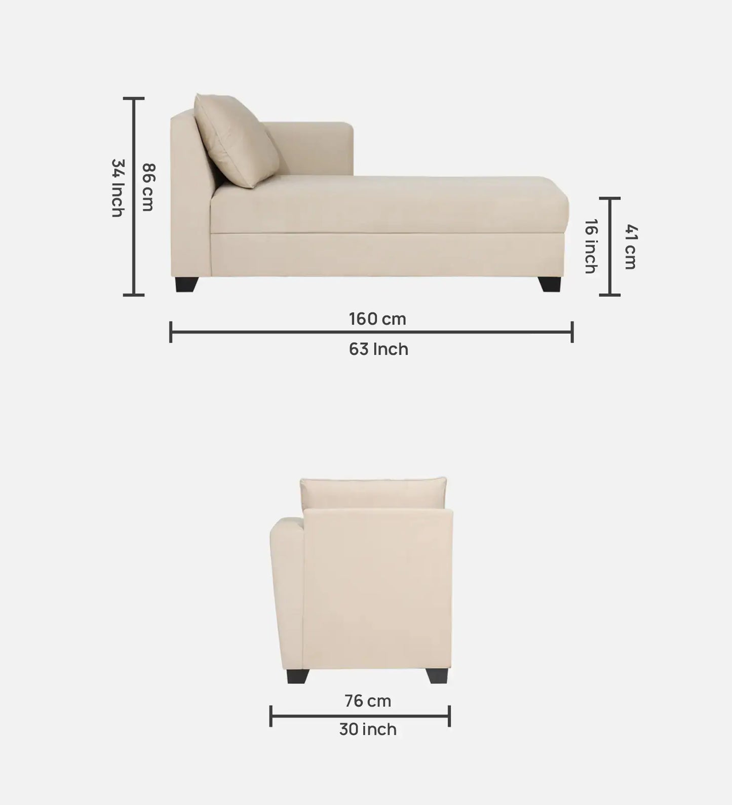 Velvet Fabric RHS Chaise Lounger In Beige Finish
