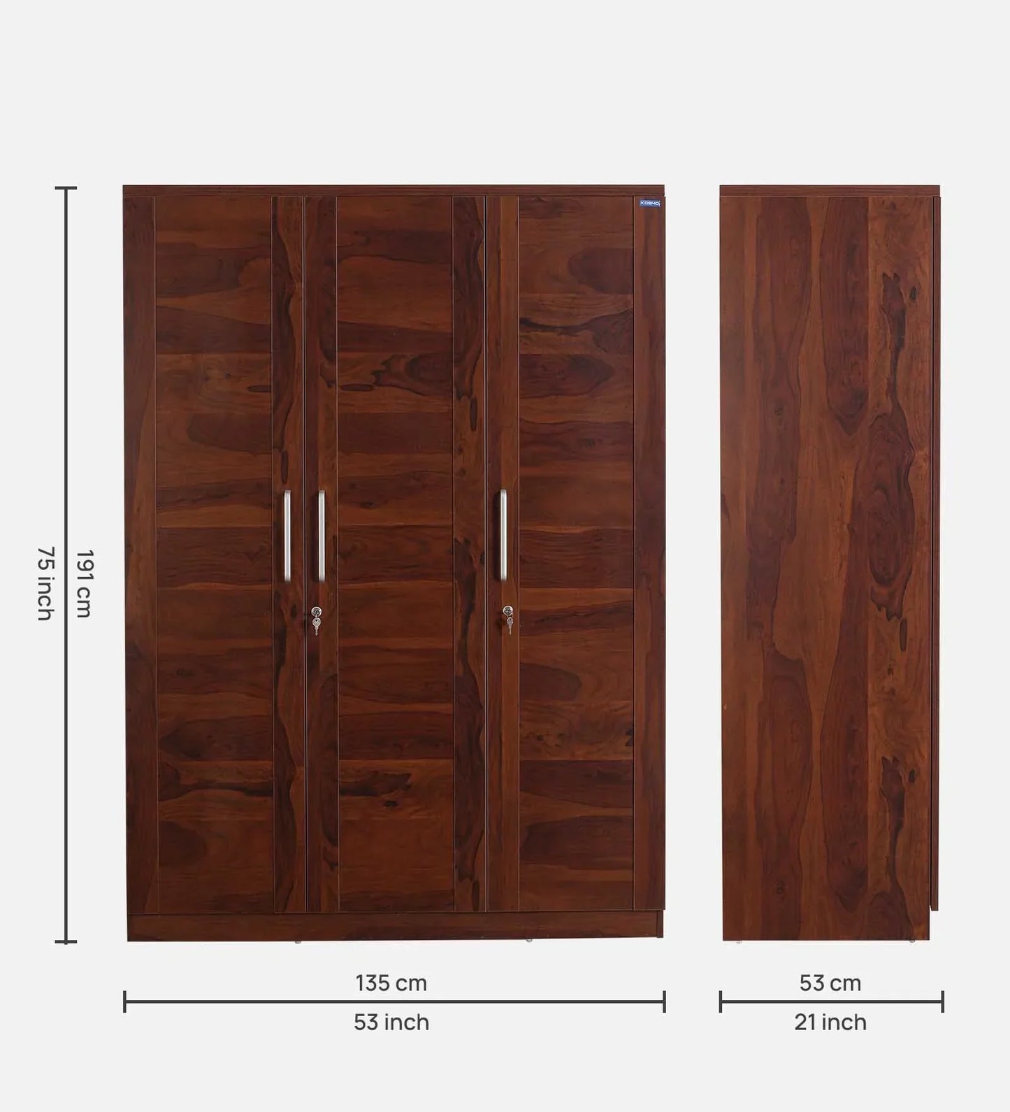 3 Door Wardrobe in Sheesham Woodpore Finish With Drawer & Locker