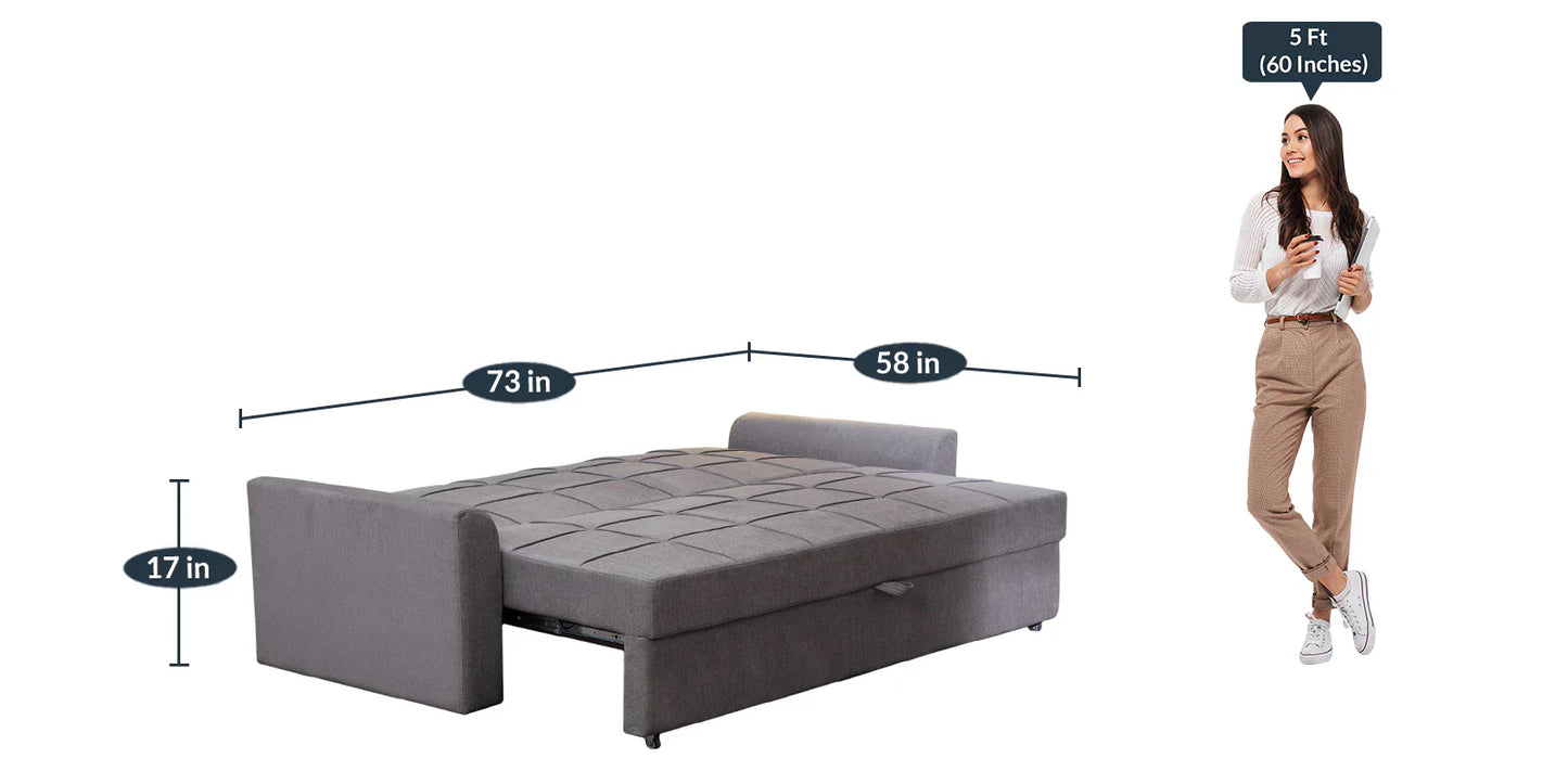 Fabric Pull Out Sofa Cum Bed In Sandy Brown Colour With Storage