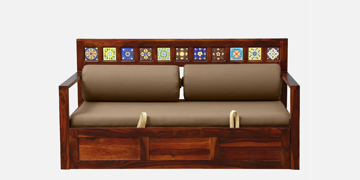 Sheesham Wood Pull Out Sofa Cum Bed In Honey Oak Finish