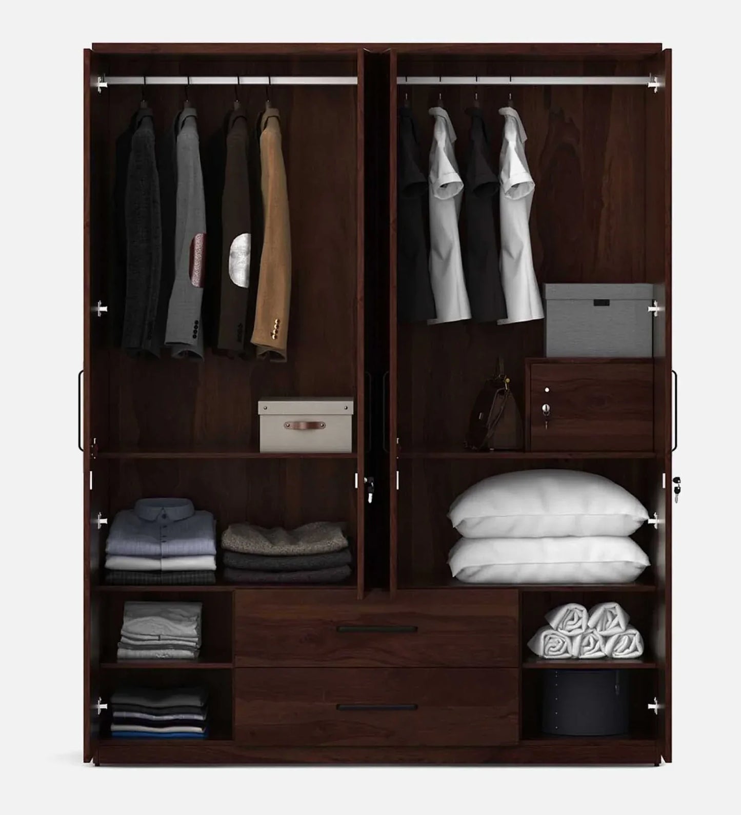 4 Door Wardrobe With Mirror In Sheesham Woodpore Finish With Locker & Drawer