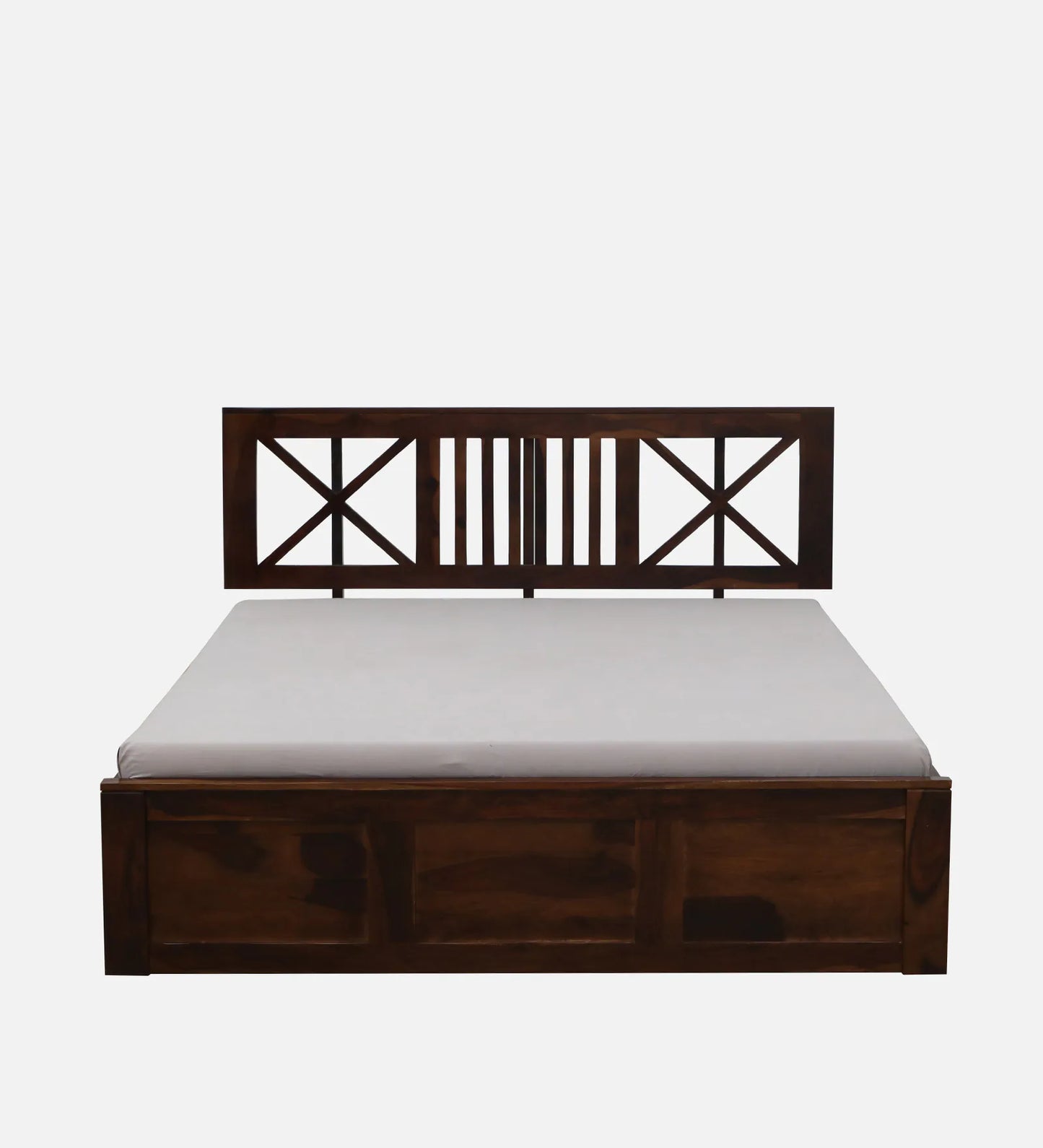 Sheesham Wood Queen Size Bed In Provincial Teak Finish With Headboard & Hydraulic Storage