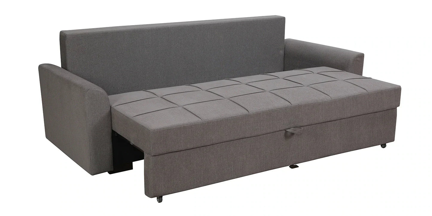 Fabric Pull Out Sofa Cum Bed In Sandy Brown Colour With Storage