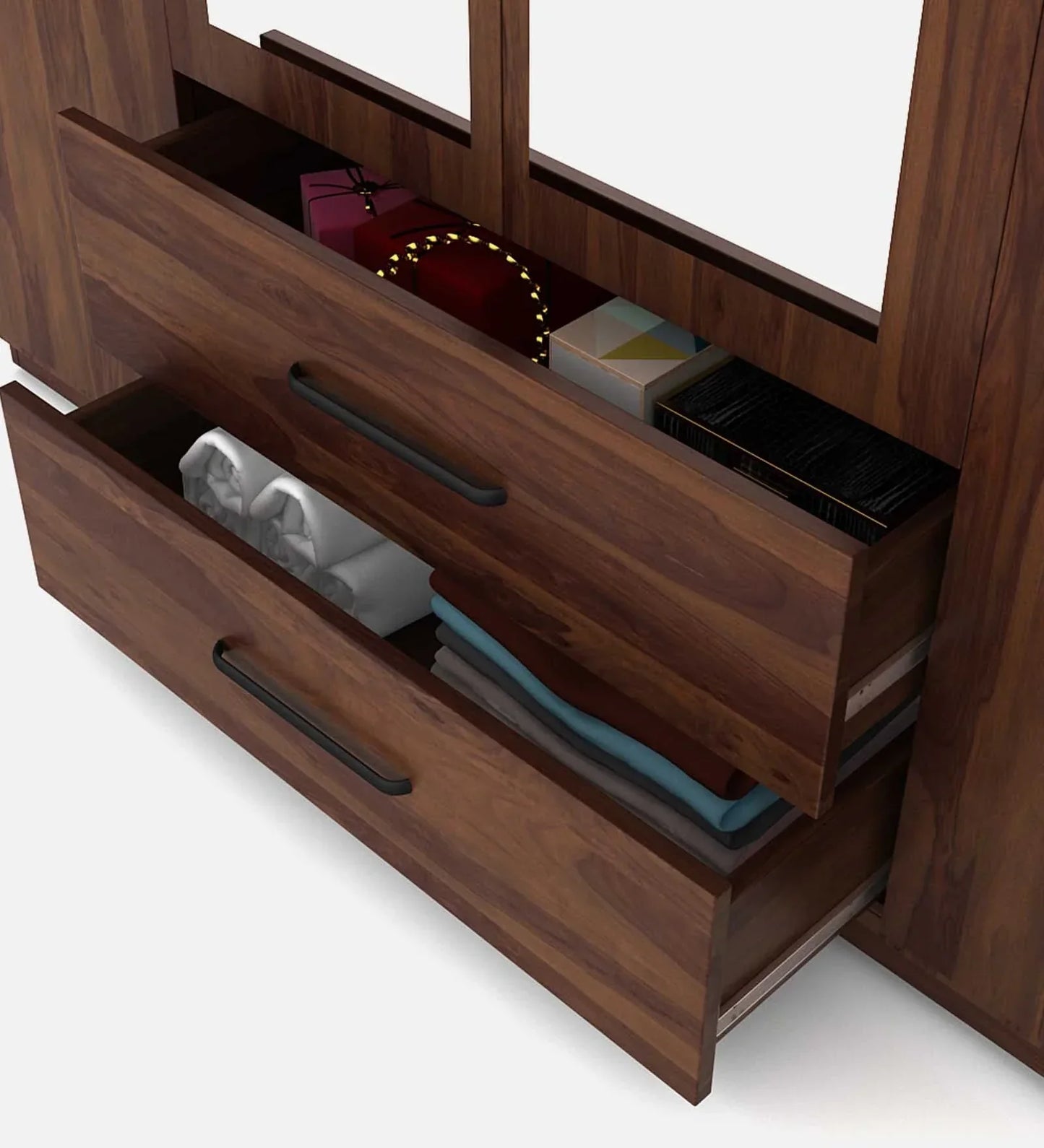 4 Door Wardrobe With Mirror In Sheesham Woodpore Finish With Locker & Drawer