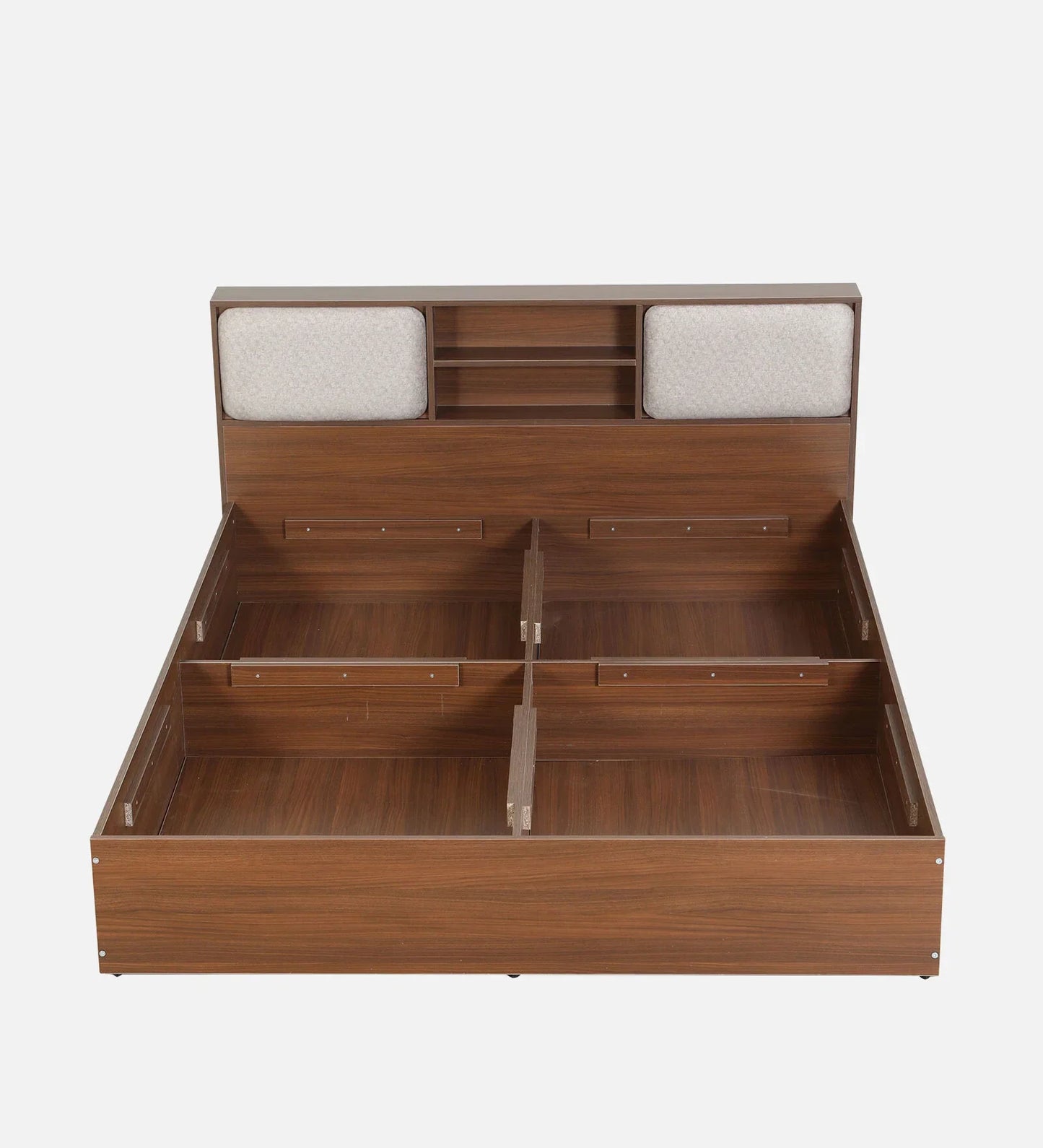 King size Bed in Planked Walnut Finish with Box Storage & Upholstered Headboard Storage