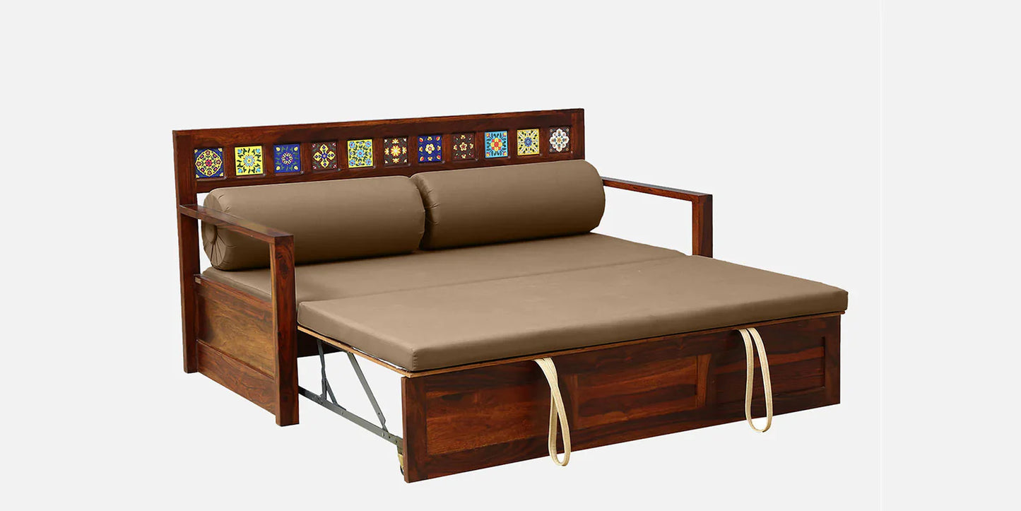 Sheesham Wood Pull Out Sofa Cum Bed In Honey Oak Finish
